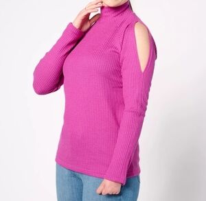 Attitudes by Renee Slit Shoulder Mock Neck Tunic in Wild Aster, Size Medium